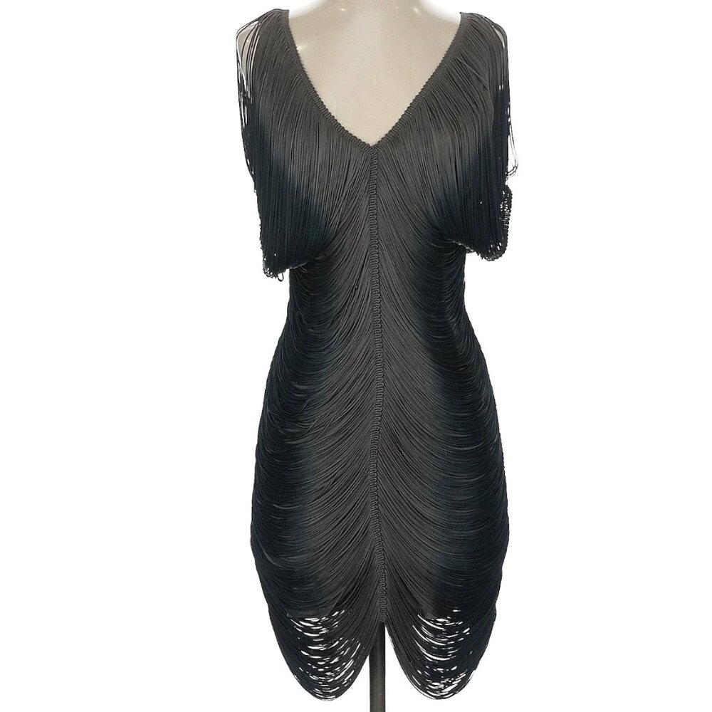 LIA KES Draped Fringe Dress New York Mini Short Mini Ombre Blue Grey Black XS